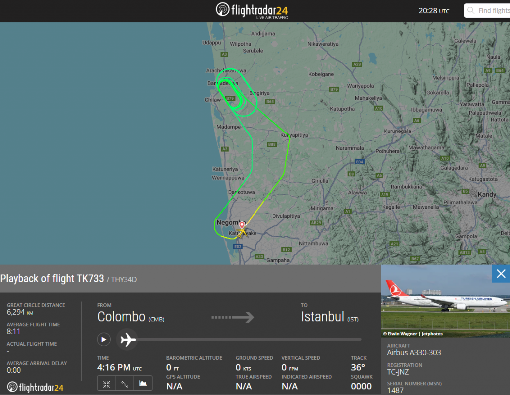 In the last few hours, a Turkish Airlines Airbus A330 bound for Istanbul had to make an emergency landing in it's departure point of Colombo due to a problem.