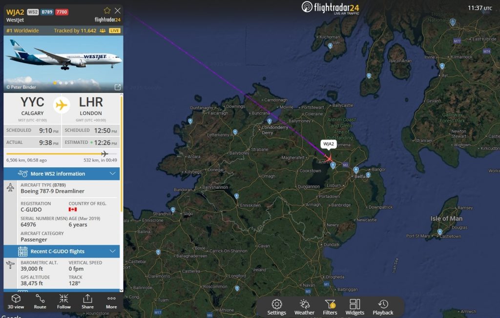 In the last few moments, WestJet flight WS2 from Calgary to London Heathrow has declared an emergency over Northern Ireland. 