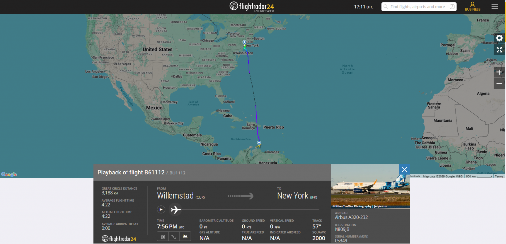 The JetBlue flight that was involved in the near-miss in Curacao.