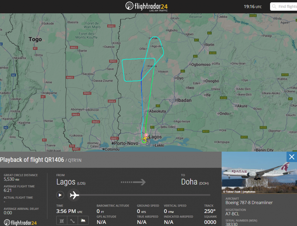 Qatar Airways flight QR1406 made an emergency landing in Lagos due to an oxygen system failure aboard Boeing 787-8 A7-BCL. All passengers landed safely.