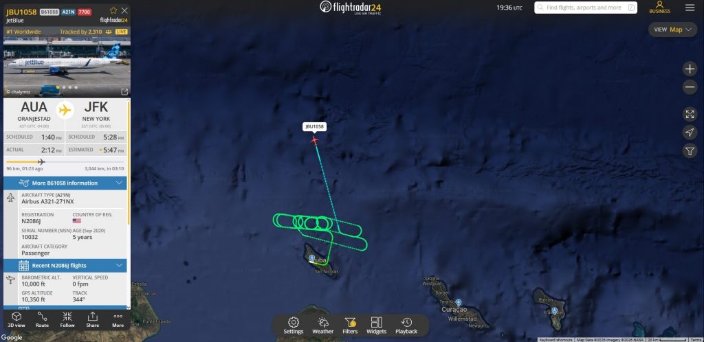 In the last few moments, JetBlue flight B61058 from Oranjestad to New York JFK has declared an emergency. 