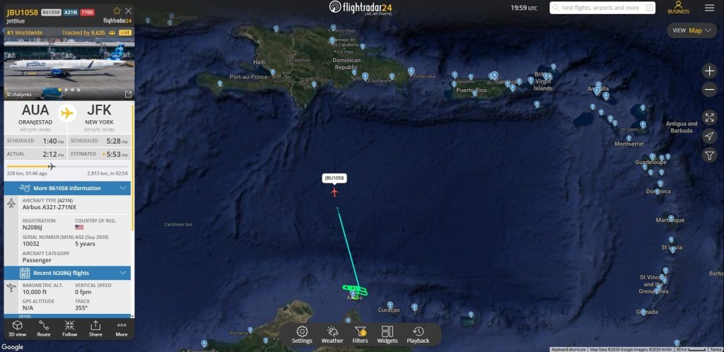 In the last few moments, JetBlue flight B61058 from Oranjestad to New York JFK has declared an emergency. 