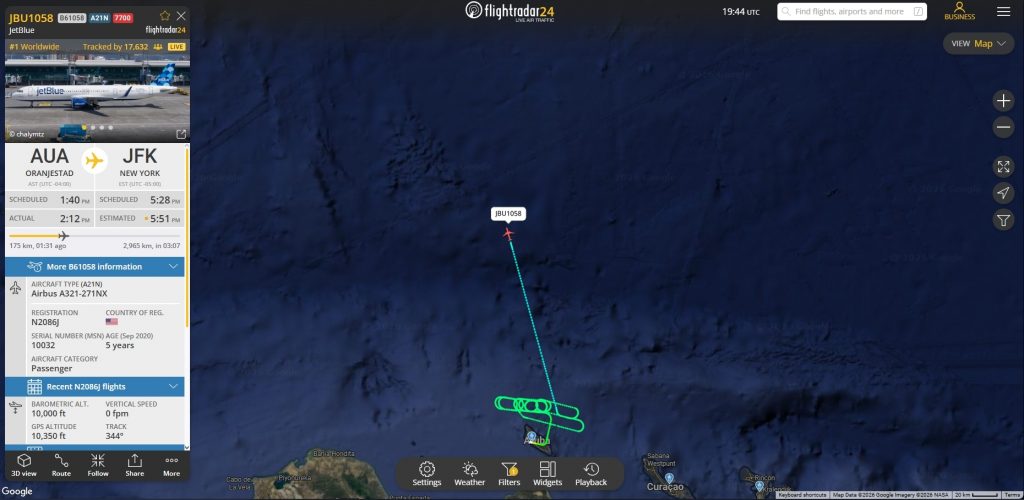 In the last few moments, JetBlue flight B61058 from Oranjestad to New York JFK has declared an emergency. 