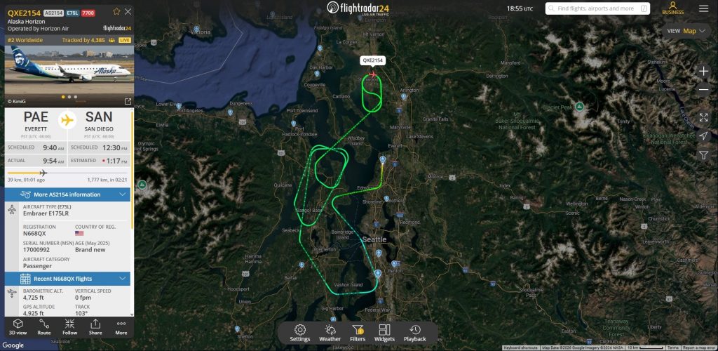 In the last hour or so, a Alaska Horizon E175 bound for San Diego declared an emergency not long after departure from Everett.