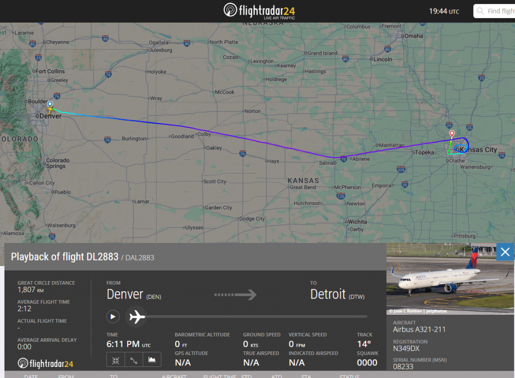 In the last few moments, Delta Air Lines flight DL2883 from Denver to Detroit declared an emergency, forcing a diversion to Kansas City.