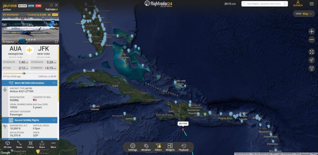 In the last few moments, JetBlue flight B61058 from Oranjestad to New York JFK has declared an emergency. 