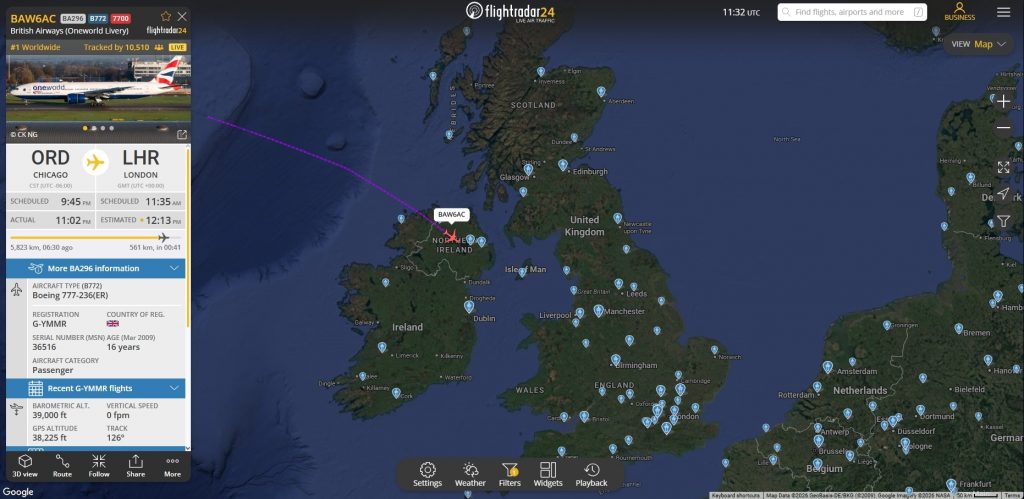 In the last few moments, a British Airways Boeing 777 flying from Chicago to London has declared an emergency over Northern Ireland.