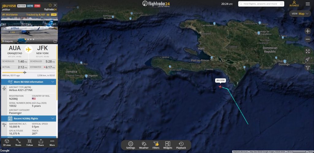 In the last few moments, JetBlue flight B61058 from Oranjestad to New York JFK has declared an emergency. 