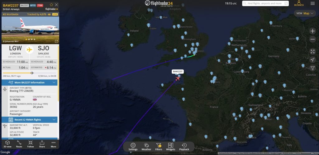 A British Airways Boeing 777 operating BA2237 from London to San Jose has declared an emergency. 