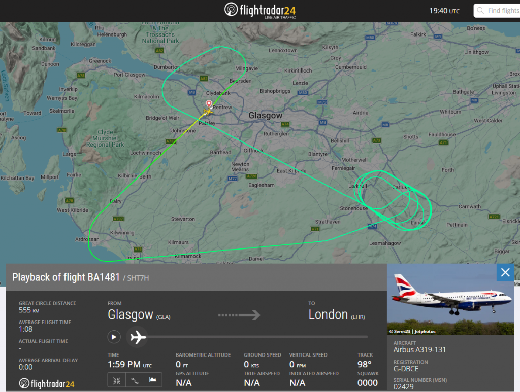 A British Airways flight declared an emergency moments after departure from Glasgow Airport, prompting a return back to the airport. 
