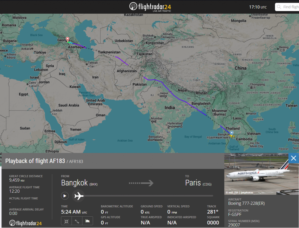 An Air France Boeing 777 flying from Bangkok to Paris declared an emergency and diverted to Tbilisi with a problem onboard.