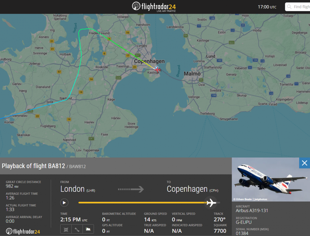 British Airways flight BA812 from London declared an emergency on final approach to Copenhagen; A319 G-EUPU landed safely with no injuries.