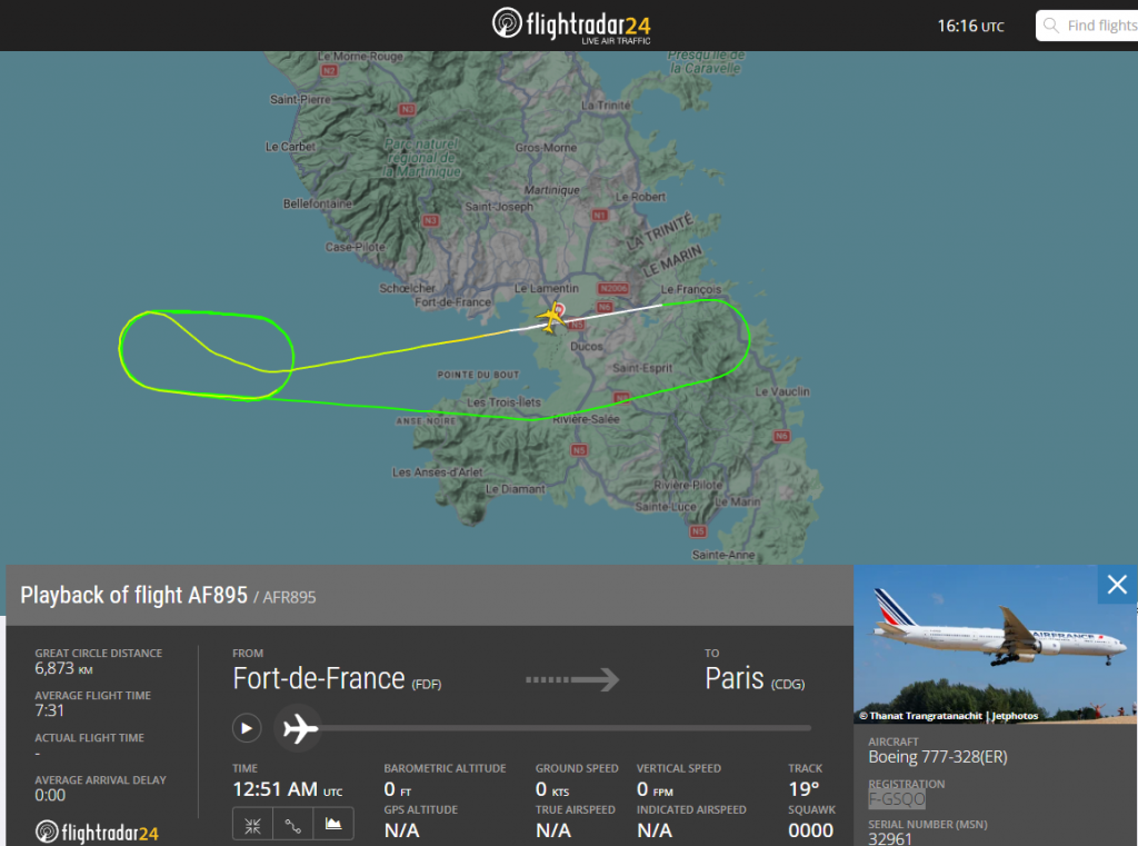 An Air France Boeing 777-300ER operating flight AF895 from Fort de France to Paris Charles de Gaulle returned to Martinique on 21 February 2026 following an engine surge shortly after takeoff.