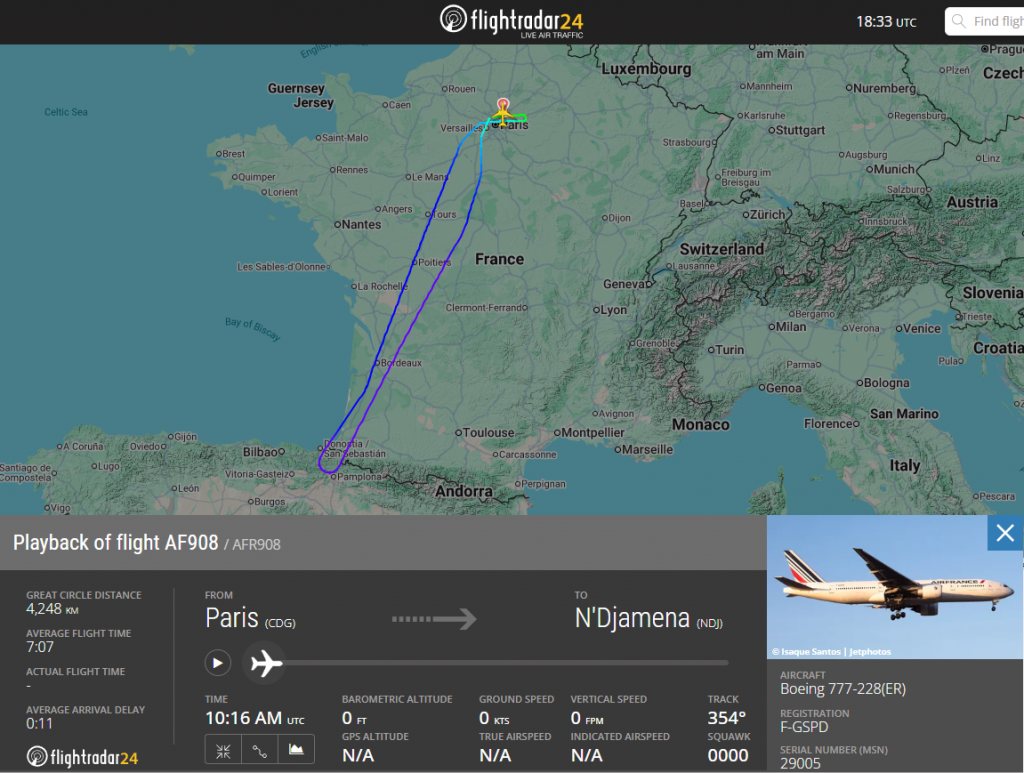 Earlier today, an Air France Boeing 777 operating a flight between Paris and N'Djamena declared an emergency, forcing a return.