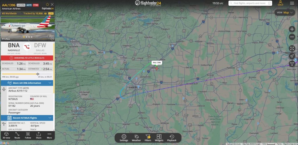 In the last 20-30 minutes, American Airlines flight AA1396 from Nashville to Dallas has declared an emergency during a diversion to Little Rock.