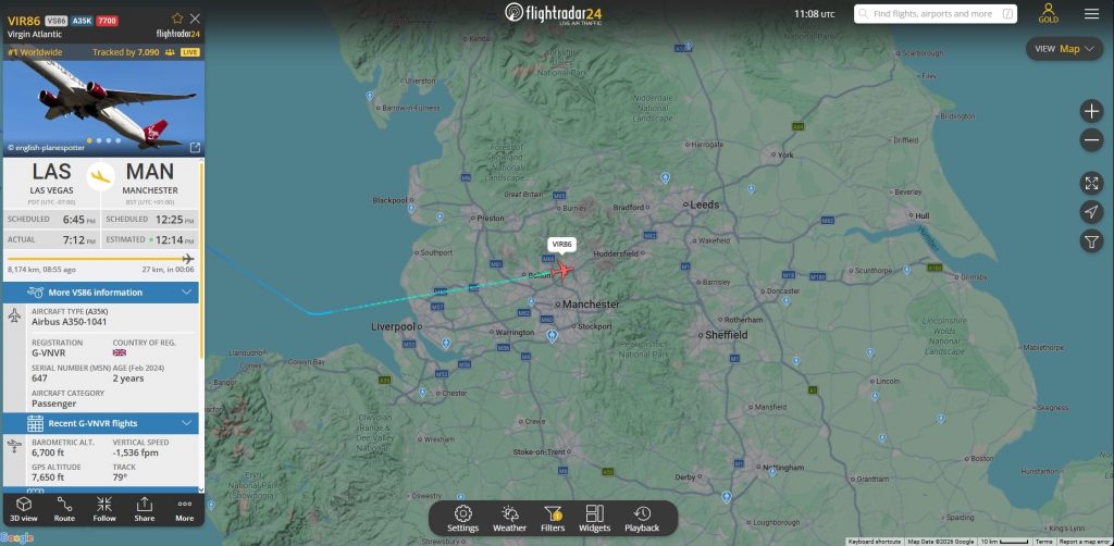Within the last 15-20 minutes, a Virgin Atlantic Airbus A350-1000 operating a flight from Las Vegas declared an emergency during the descent into Manchester.