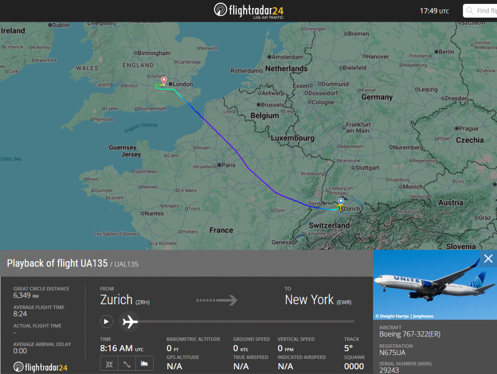Earlier today, May 5, a United Airlines Boeing 767 operating UA135 from Zurich to Newark declared an emergency and diverted to London. 