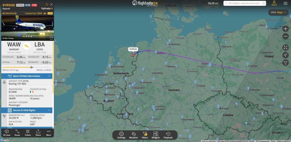 In the last few moments, Ryanair flight FR7667 from Warsaw to Leeds has declared an emergency over Dutch airspace.