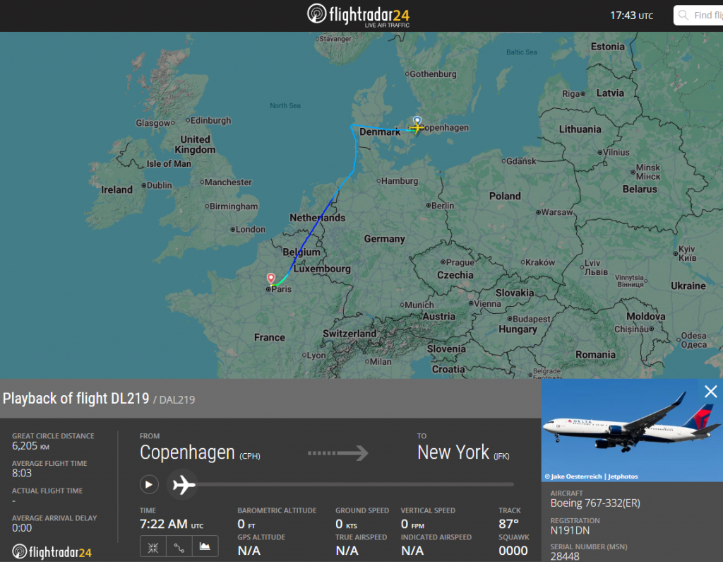 Delta Air Lines flight DL219 - Copenhagen to New York. 