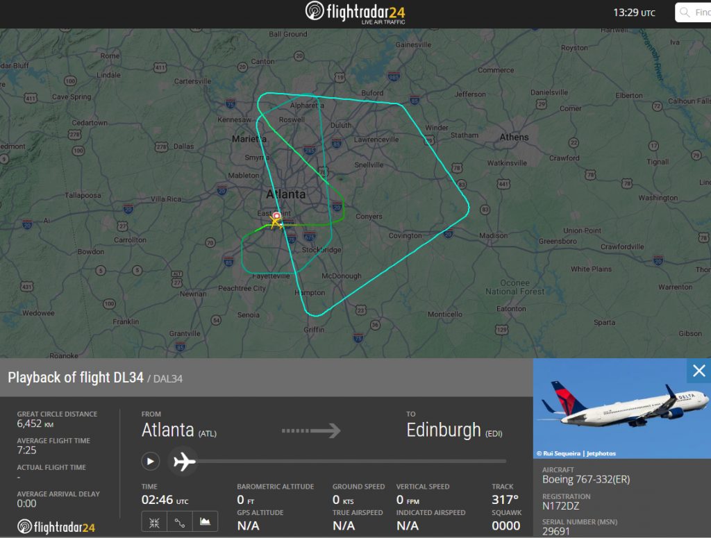Overnight, a Delta Air Lines Boeing 767 operating a flight bound for Edinburgh declared an emergency not long after departure from Atlanta.