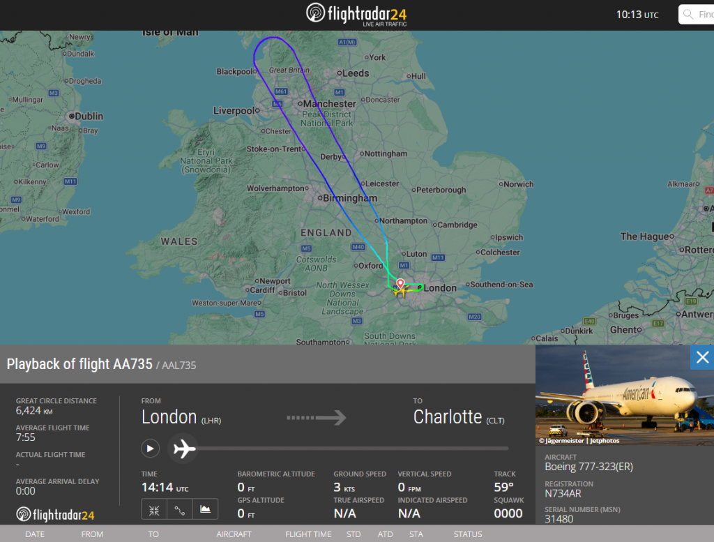 An American Airlines Boeing 777 operating a flight between London Heathrow and Charlotte declared an emergency with an issue onboard.