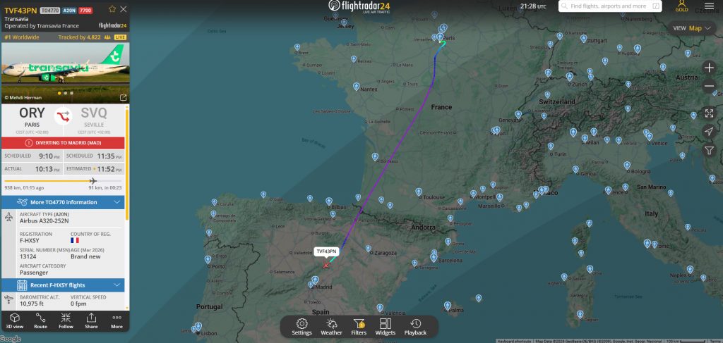 Within the last 30 minutes, a Transavia flight from Paris to Seville has declared an emergency, forcing a diversion to Madrid.
