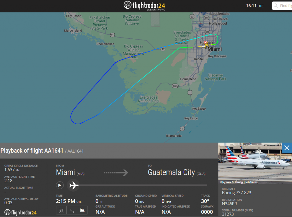 Within the last hour, American Airlines flight AA1641 from Miami to Guatemala City declared an emergency, prompting a return to the U.S airport.