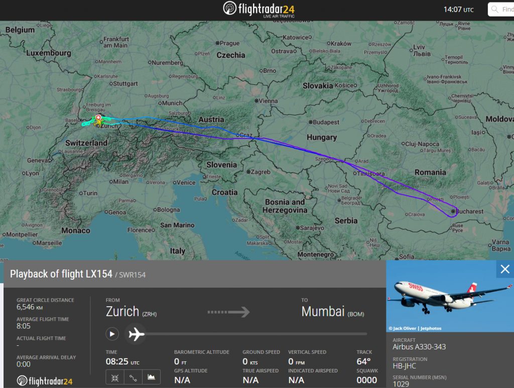 A SWISS Airbus A330 operating a flight to Mumbai made a u-turn back to Zurich today with an issue onboard the aircraft.