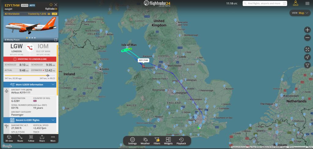 An easyJet flight struggling to land into the Isle of Man due to fog has effectively forced itself to fly London to London.