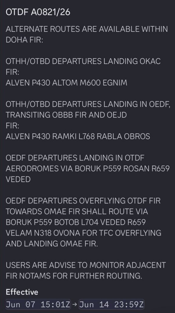 Qatar has issued NOTAM A0821/26, establishing a series of alternative flight routes within the Doha Flight Information Region (FIR) amid heightened regional security tensions.