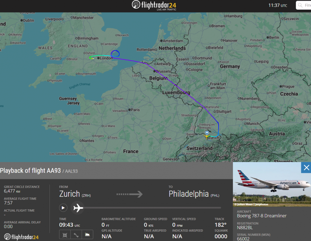 Within the last 30 minutes, an American Airlines Boeing 787 from Zurich to Philadelphia has declared an emergency and diverted to London Heathrow. 