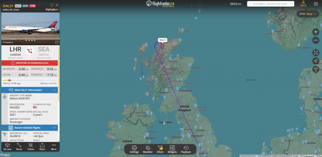 In the last few moments, a Delta Air Lines Airbus A330neo operating a flight between London and Seattle has declared an emergency.