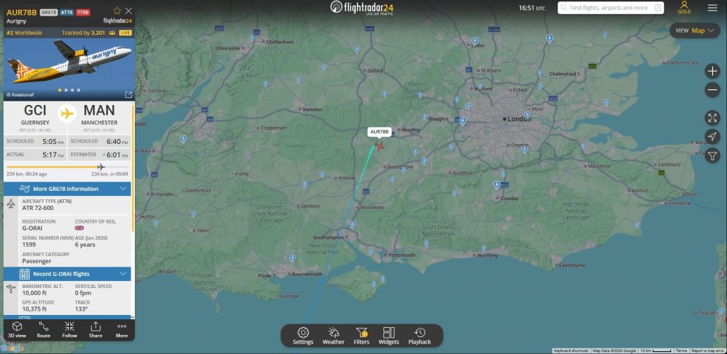 In the last few moments, Aurigny flight GR678 from Guernsey to Manchester has declared an emergency near Reading.