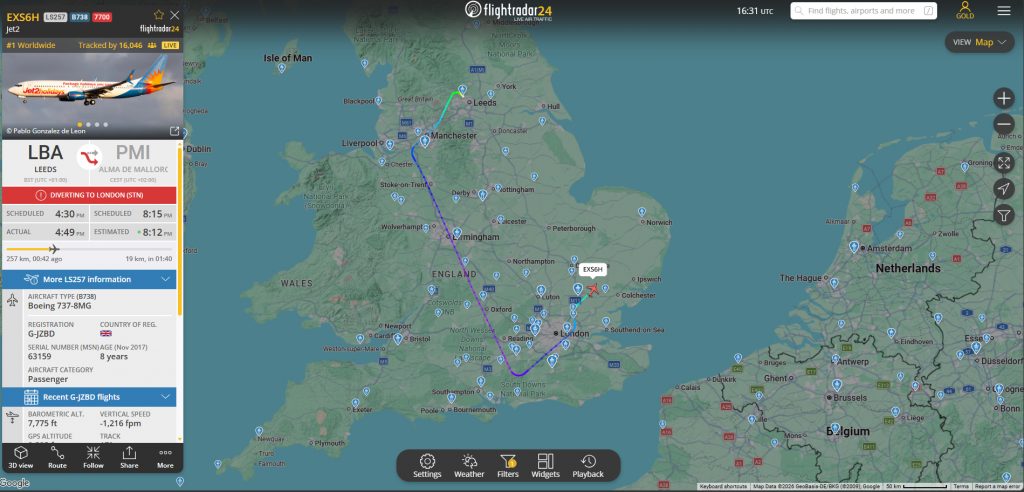 Within the last 30 minutes, Jet2 flight LS257 from Leeds to Palma de Mallorca has declared an emergency, diverting to London Stansted.