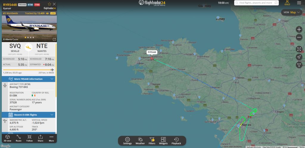 Within the last 30 minutes, a Ryanair flight from Seville to Nantes has declared an emergency, forcing a diversion to Brest. 