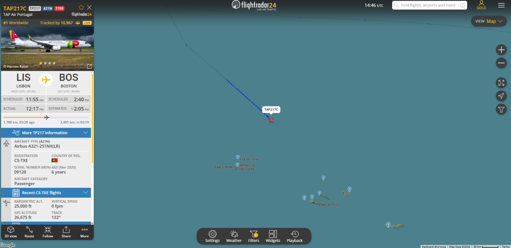 In the last few moments, TAP Air Portugal flight #TP217 from Lisbon to Boston has declared an emergency over the Atlantic Ocean. 