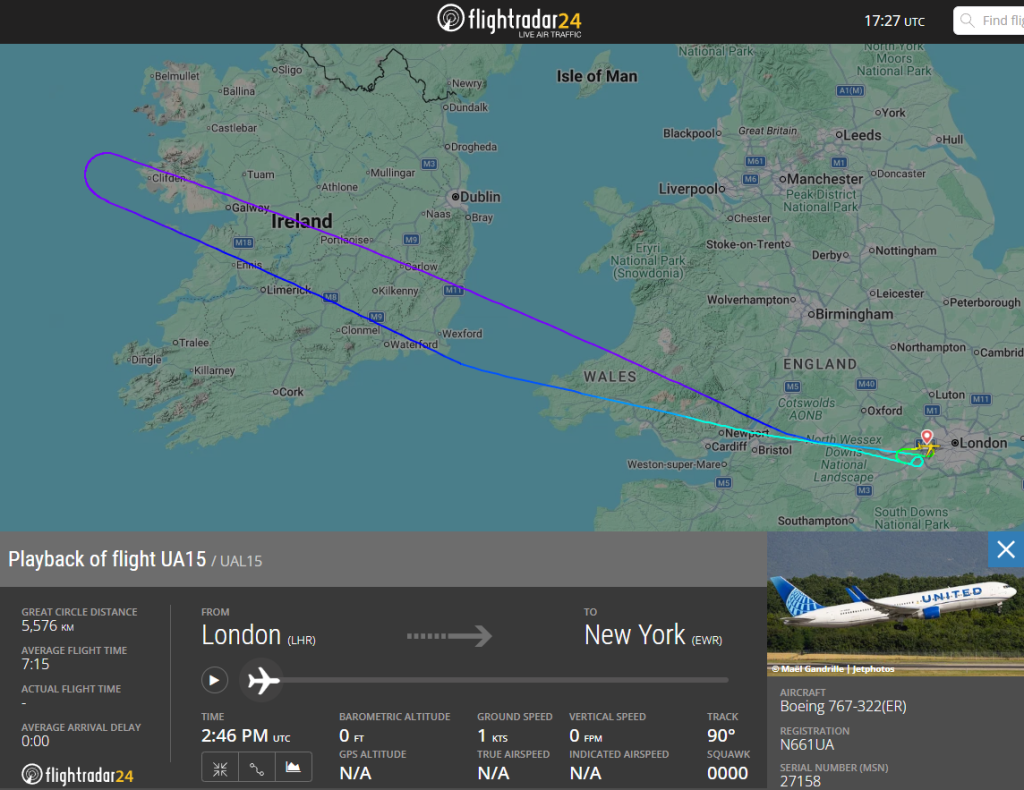 In the last 30 minutes, a United Airlines Boeing 767 originally bound for Newark has had to u-turn to London Heathrow with a technical problem onboard.
