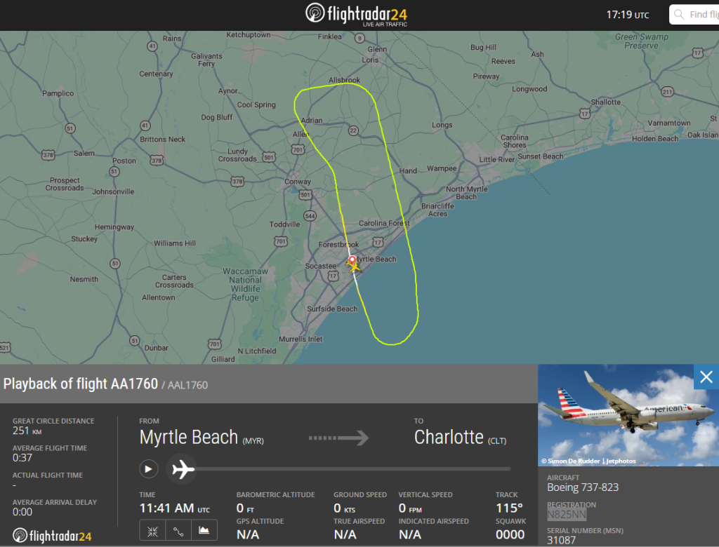 An American Airlines 737-800 declared a Mayday and returned to Myrtle Beach after a suspected bird strike damaged the left engine on departure to Charlotte.