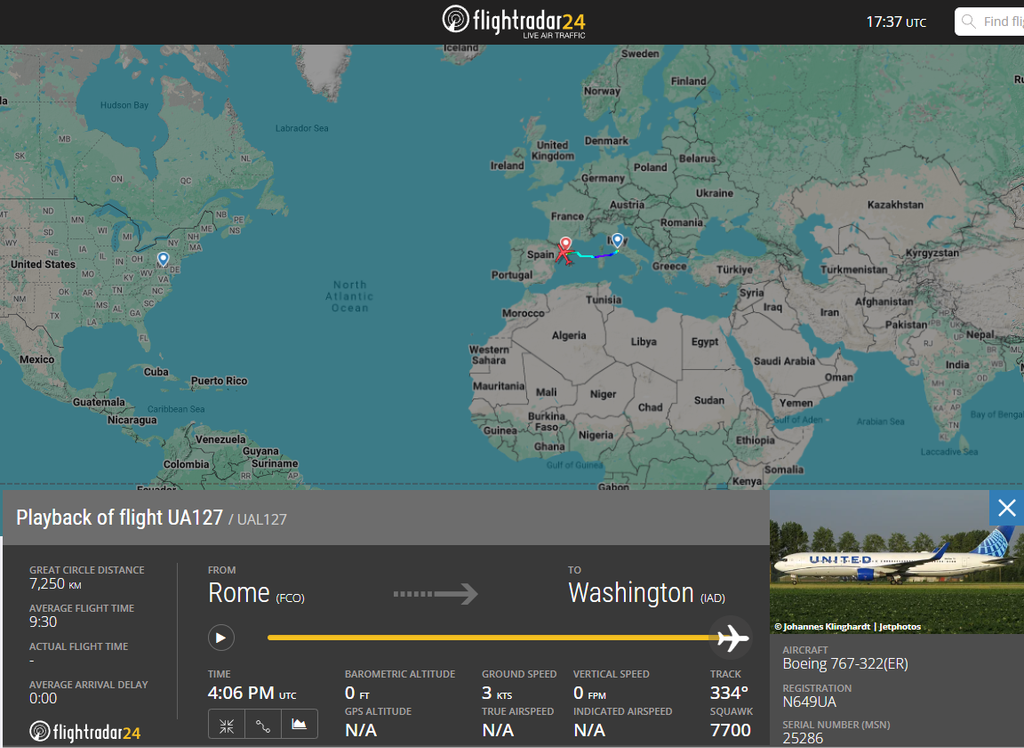 Within the last hour or so, a United Airlines Boeing 767 operating UA127 from Rome to Washington declared an emergency.