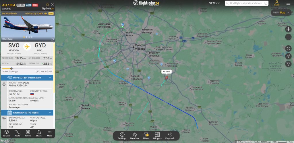 Within the last 30 minutes, Aeroflot flight SU1854 from Moscow to Baku has declared an emergency not too long after departure.