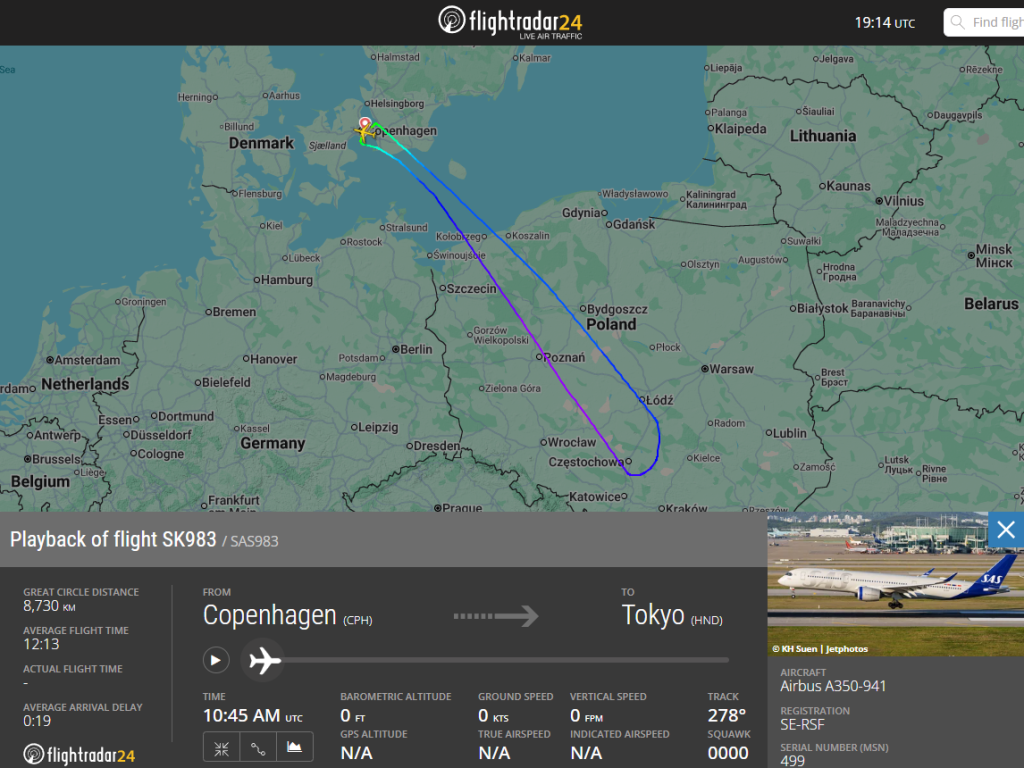A SAS Scandinavian Airlines Airbus A350-900 turned back to Copenhagen on a flight to Tokyo after the crew shut down the right-hand engine in the cruise.