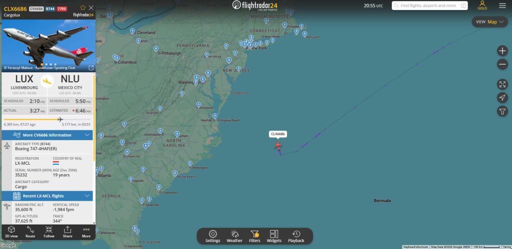 In the last few moments, a Cargolux Boeing 747-400F operating CV6686 between Luxembourg & Mexico City has declared an emergency.