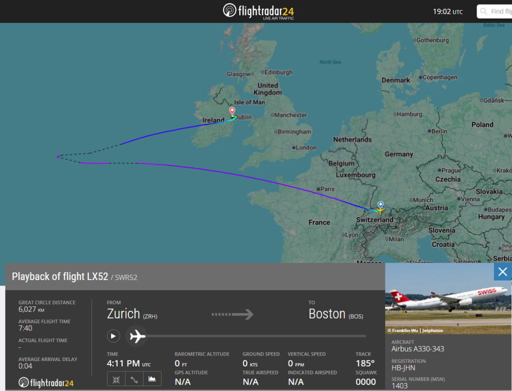 A Swiss International Air Lines Airbus A330-300 turned back over the North Atlantic and diverted to Dublin after smoke appeared in the cabin.