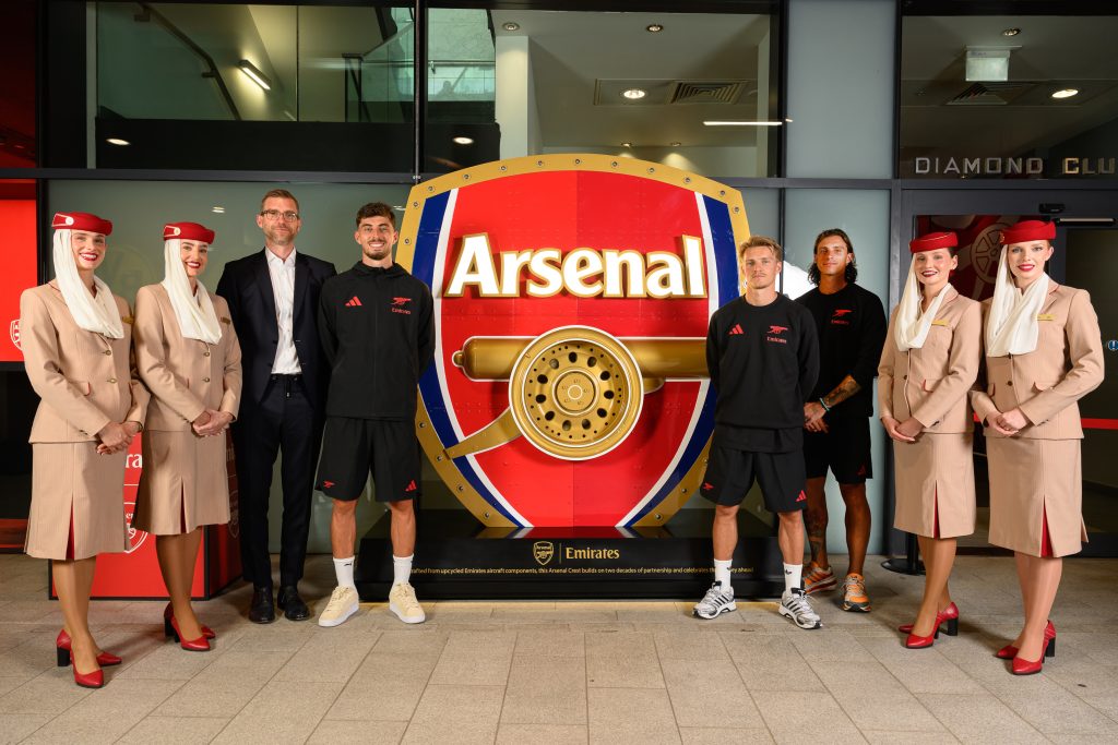 Emirates and Arsenal have unveiled a 2.4 metre illuminated sculpture of the club crest, built almost entirely from components stripped out of the airline's Airbus A380 and Boeing 777 aircraft. 