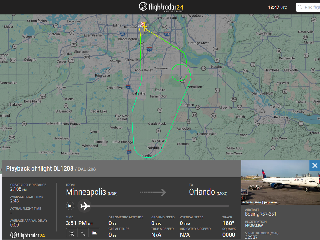 A Delta Air Lines Boeing 757 bound for Orlando turned back to Minneapolis after the first officer began suffering chest pain, numbness and a racing heart.