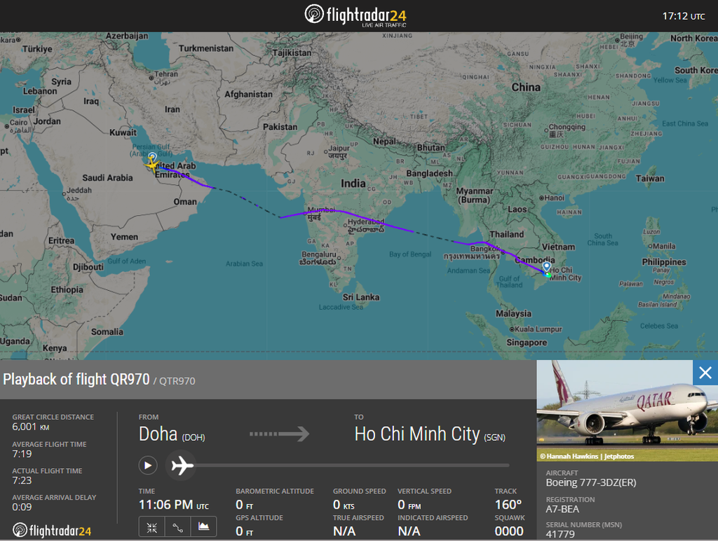 Qatar Airways QR970, a Boeing 777-300ER en route to Ho Chi Minh City, requested security after a passenger was found smoking onboard.
