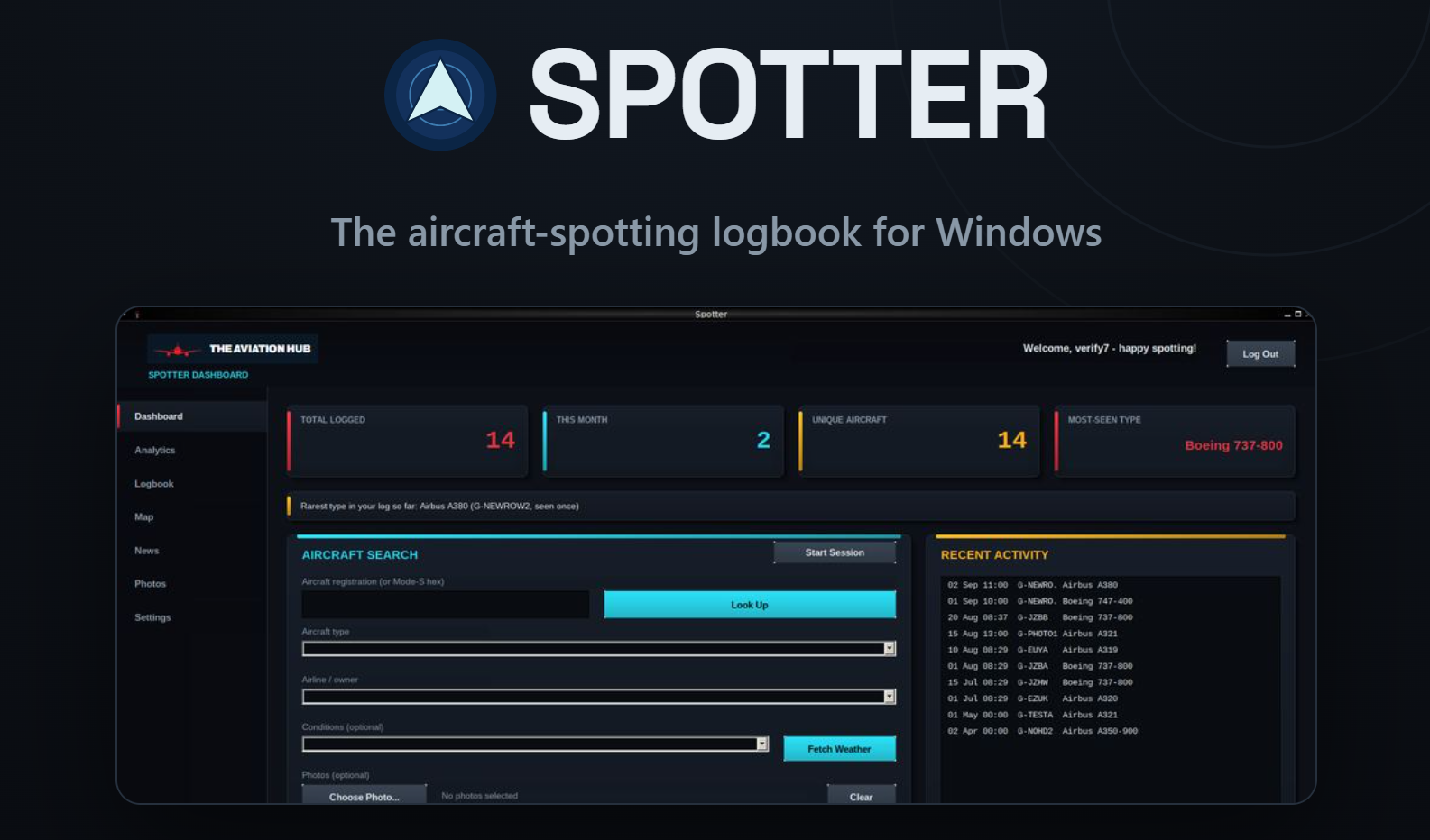 Spotter, the aircraft-spotting logbook for Windows, showing the dashboard