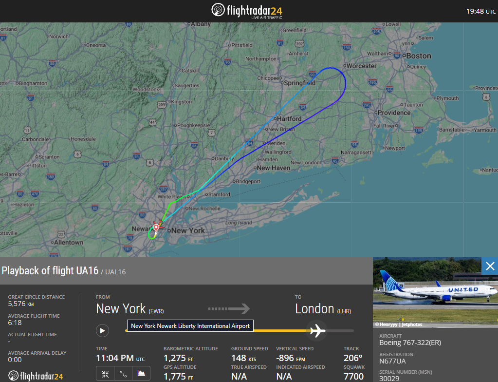 United flight UA16, a Boeing 767 registered N677UA, returned to Newark and landed on runway 22R after the crew reported a loud squeal on the flight deck.