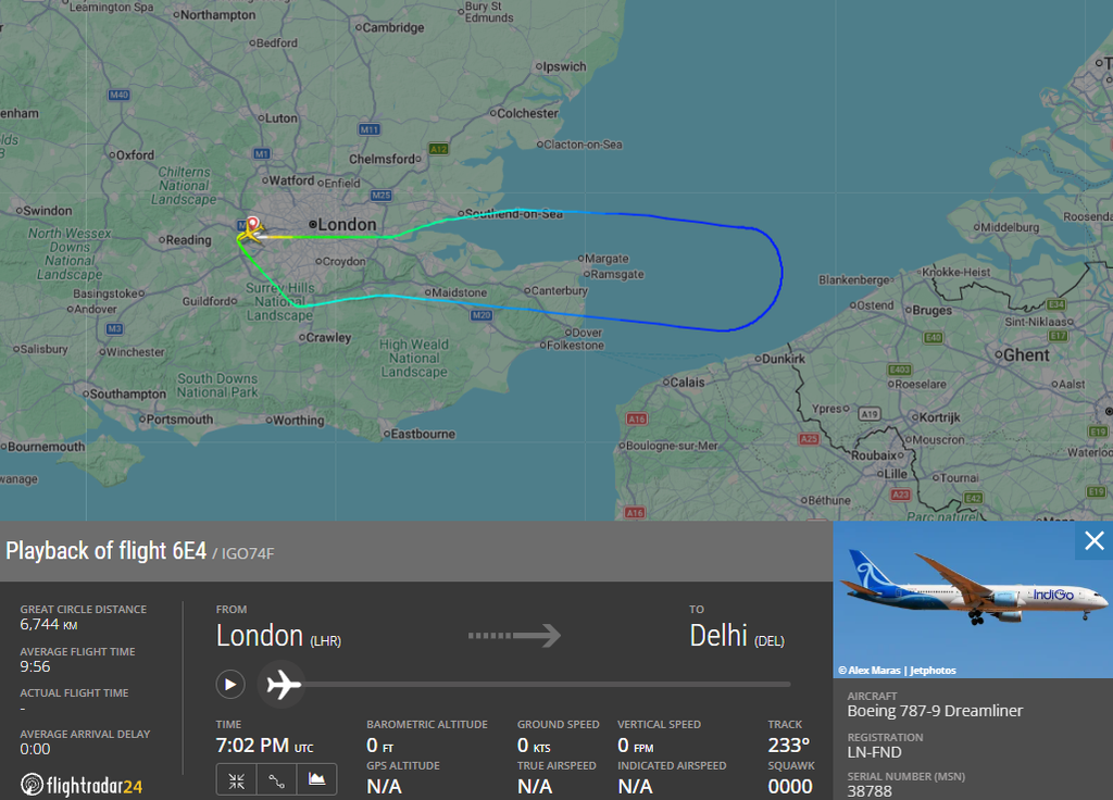 An IndiGo Boeing 787-9 flying from London Heathrow to Delhi squawked 7700 over the English Channel and returned safely to Heathrow.