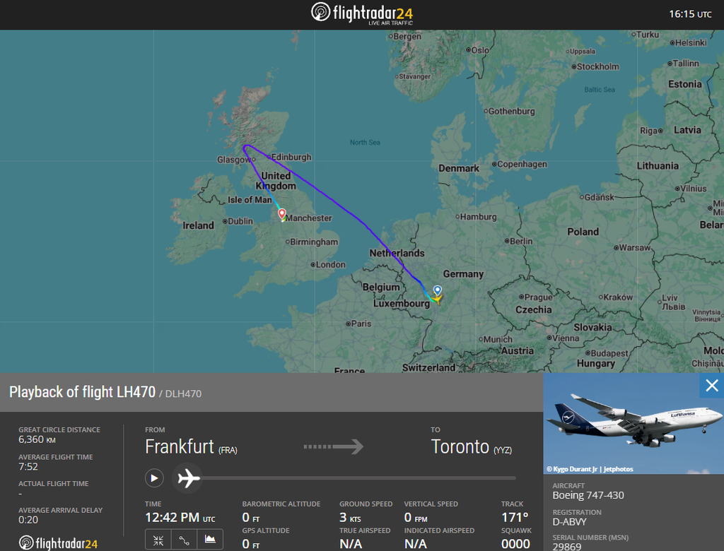A Lufthansa Boeing 747-400 bound for Toronto diverted to Manchester on 26 September after a burning odour and reports of smoke in the cabin.